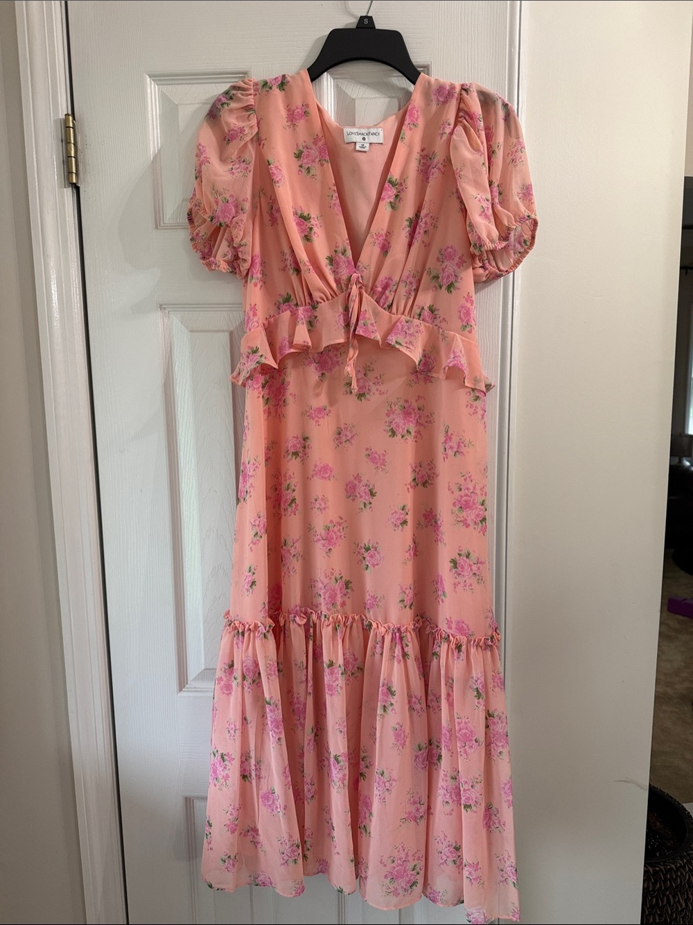 LoveShackFancy Pink Floral Ruffle Midi Dress